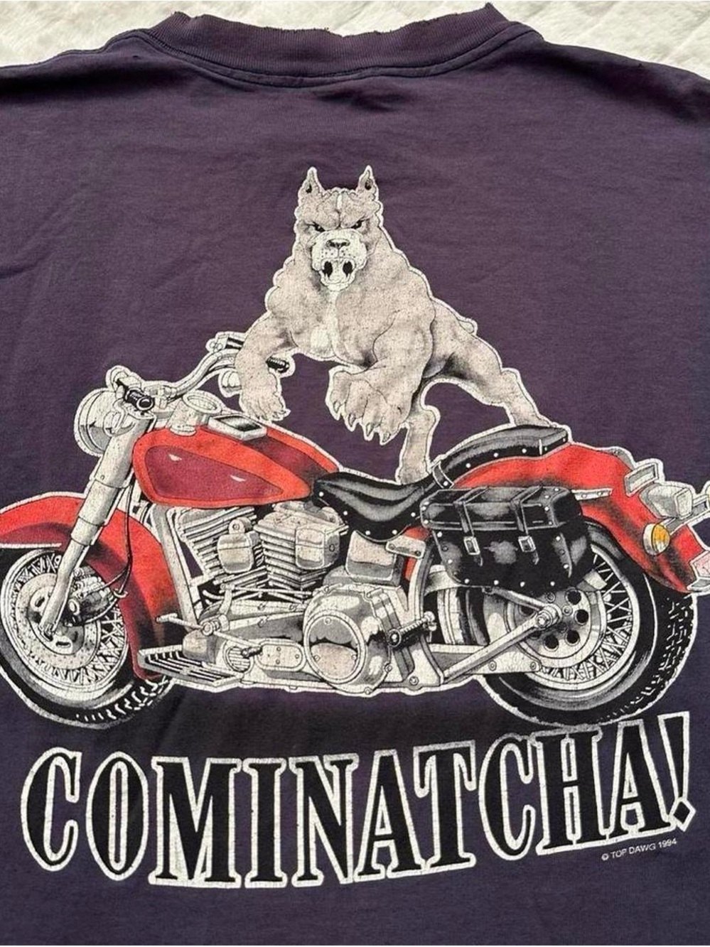 Vintage 1990s Navy Big Dawgs Graphic Tee with Red Motorcycle Print - Mens XL